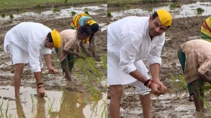 राजनेता तेज प्रताप यादव ने खेत में किया धान का रोपण